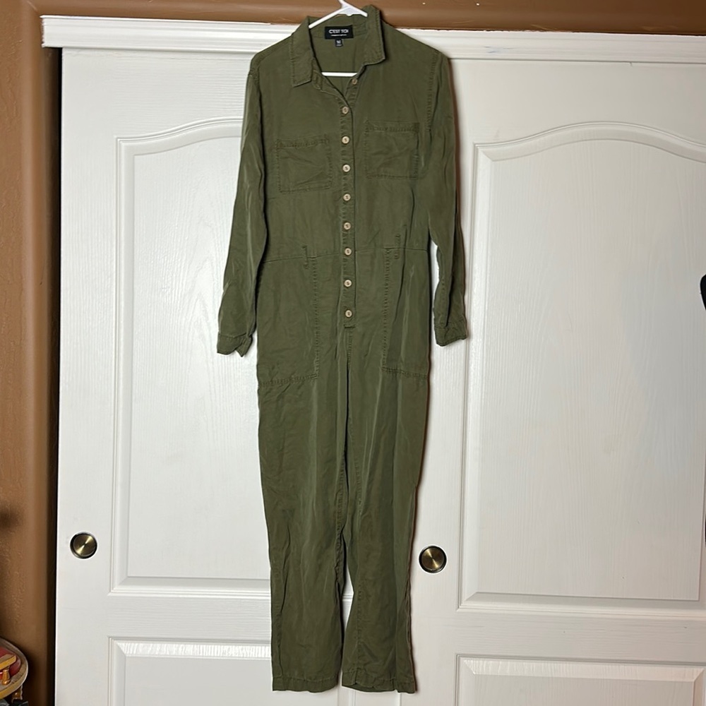 CEST TOI ARMY GREEN BUTTON FRONT JUMPSUIT LONG SLEEVE ONE PIECE ROMPER